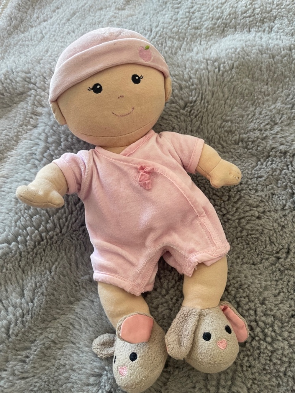 Apple Park Organic Soft Pink Baby Doll Plush with Hat and Bunny Slippers